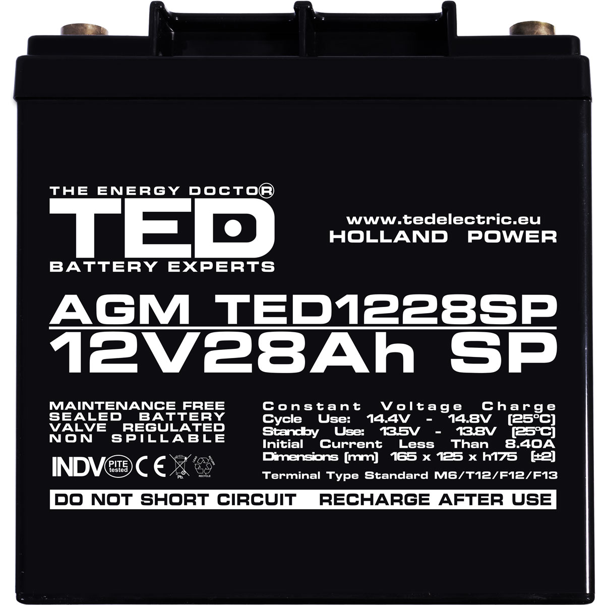 Acumulator 12V Stationar VRLA, Dimensiuni 165 x 125 x 175 mm, Baterie 12V 28Ah M6, TED Electric TED003430