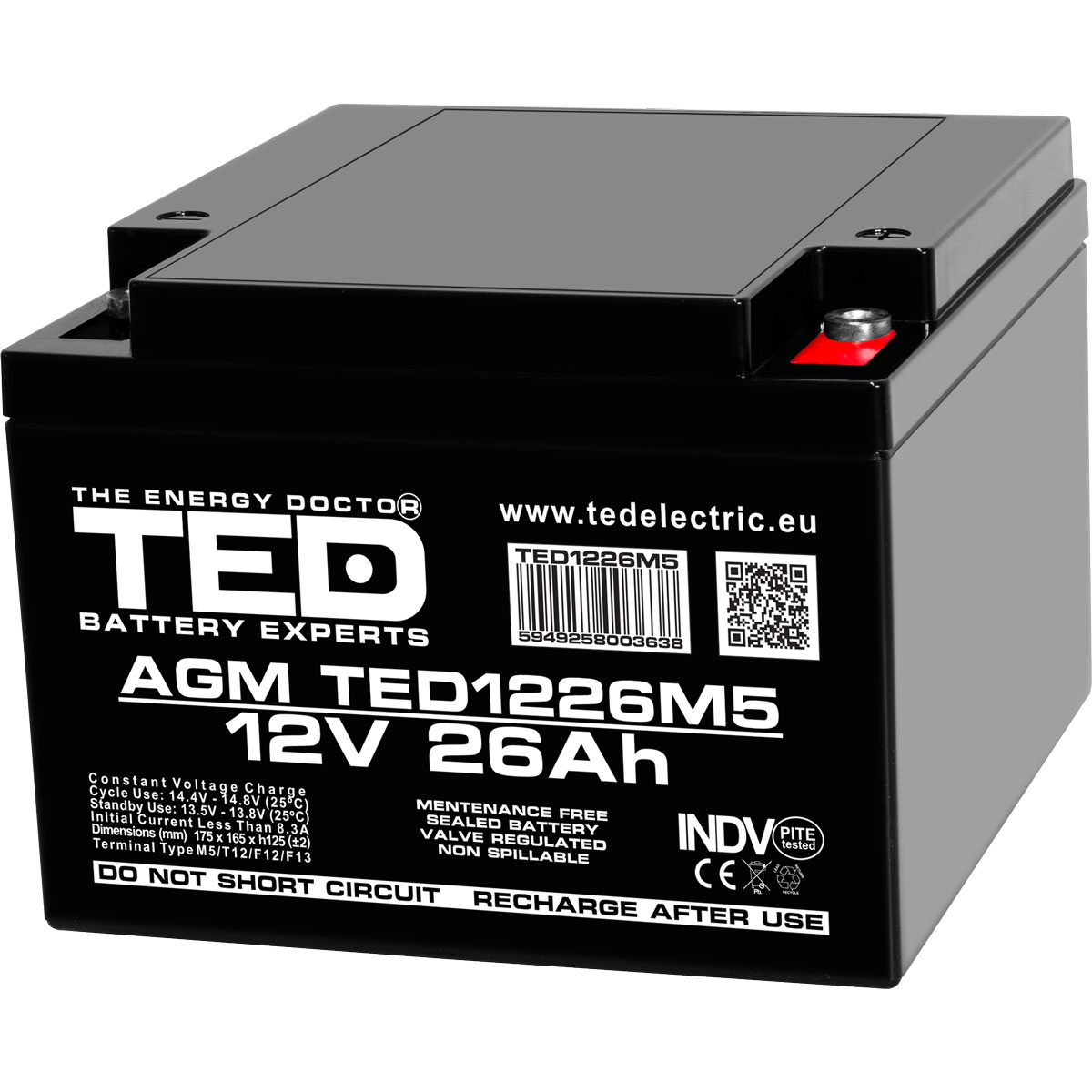 Acumulatori Stationari Etansi - Acumulator 12V Stationar VRLA, Dimensiuni 165 x 175 x 125 mm, Baterie 12V 26Ah M5, TED Electric TED003638, globstar.ro