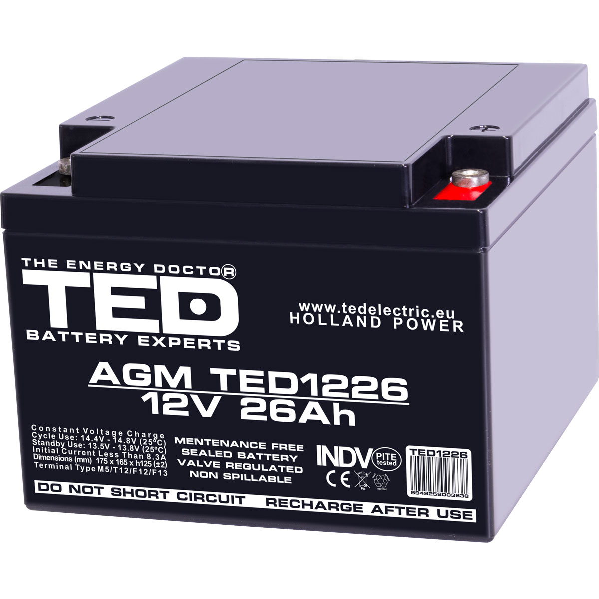 Acumulatori Stationari Etansi - Acumulator 12V Stationar VRLA, Dimensiuni 165 x 175 x 125 mm, Baterie 12V 26Ah M5, TED Electric TED003638, globstar.ro