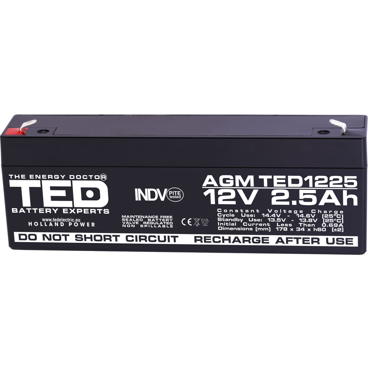 Acumulatori Stationari Etansi - Acumulator 12V Stationar VRLA, Dimensiuni 178 x 34 x 60 mm, Baterie 12V 2.5Ah F1, TED Electric TED003096, globstar.ro