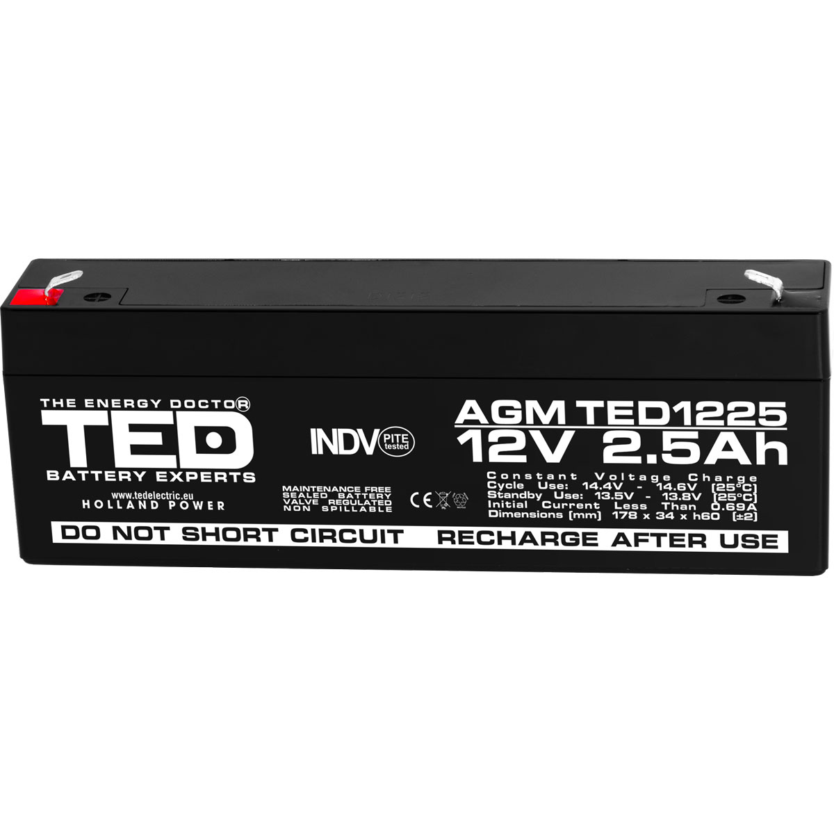 Acumulatori Stationari Etansi - Acumulator 12V Stationar VRLA, Dimensiuni 178 x 34 x 60 mm, Baterie 12V 2.5Ah F1, TED Electric TED003096, globstar.ro