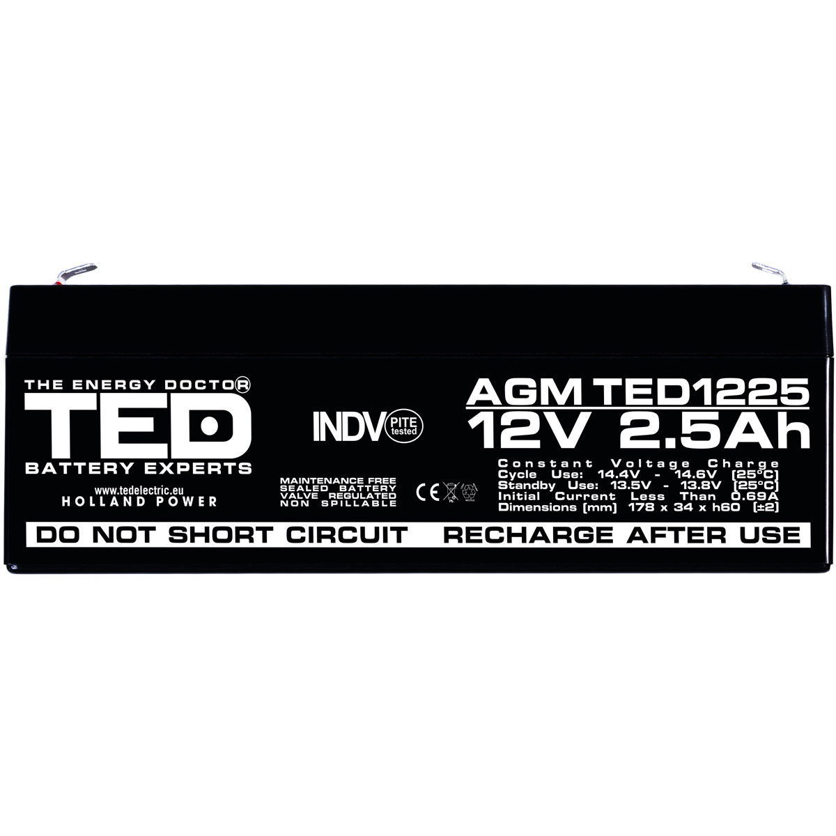 Acumulator 12V Stationar VRLA, Dimensiuni 178 x 34 x 60 mm, Baterie 12V 2.5Ah F1, TED Electric TED003096