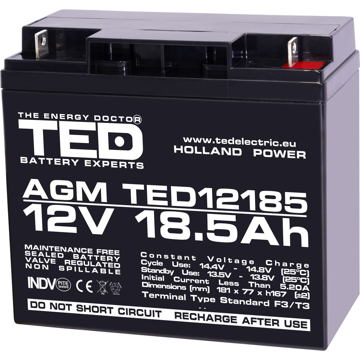 Acumulatori Stationari Etansi - Acumulator 12V Stationar VRLA, Dimensiuni 181 x 76 x 167 mm, Baterie 12V 18.5Ah F3, TED Electric TED002778, globstar.ro
