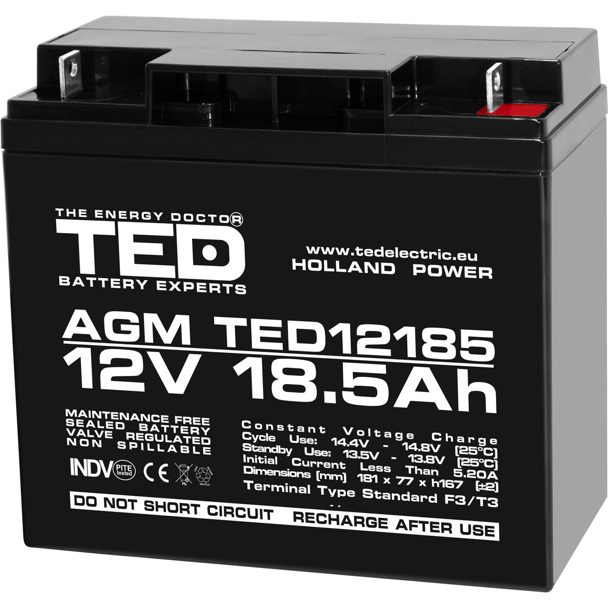 Acumulatori Stationari Etansi - Acumulator 12V Stationar VRLA, Dimensiuni 181 x 76 x 167 mm, Baterie 12V 18.5Ah F3, TED Electric TED002778, globstar.ro