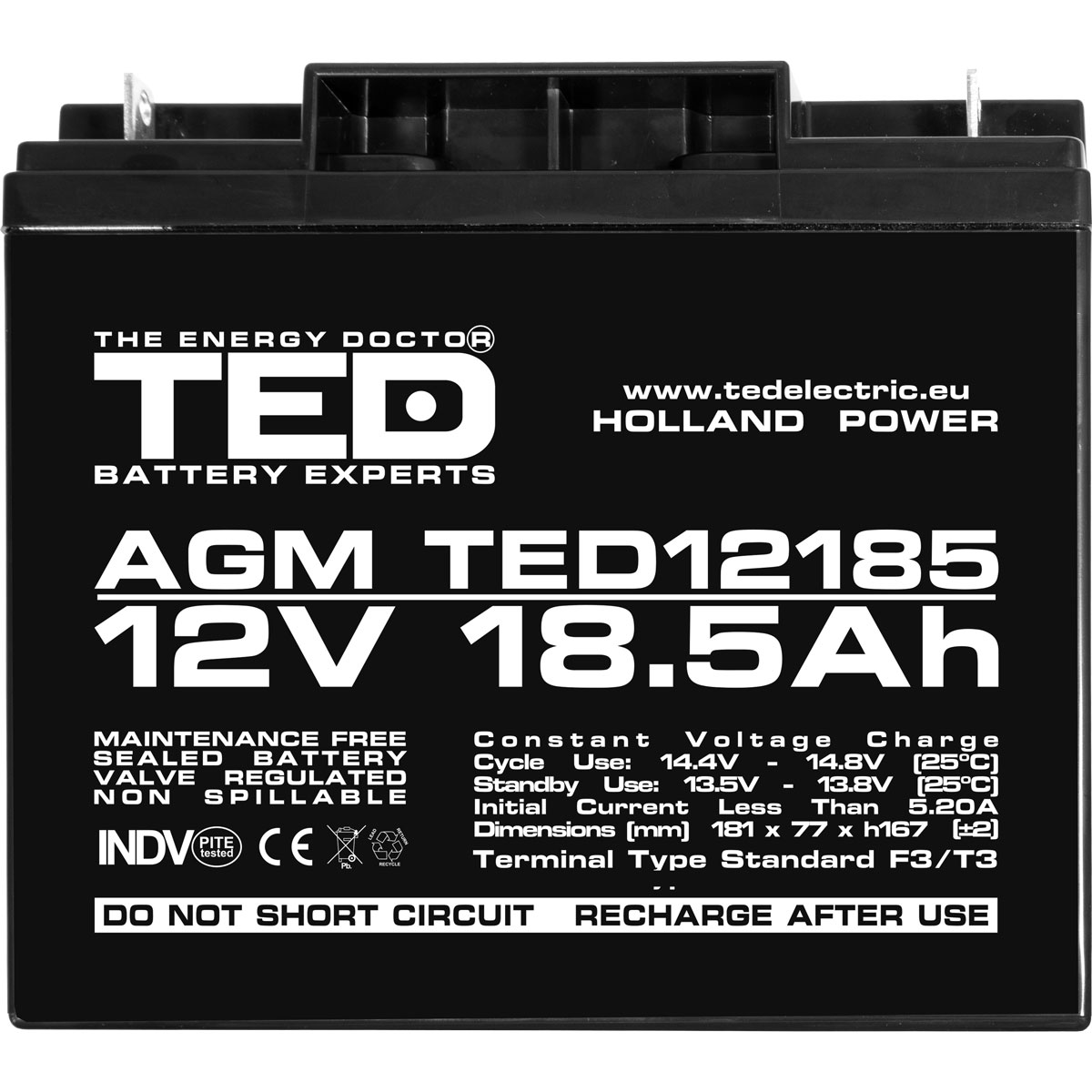 Acumulator 12V Stationar VRLA, Dimensiuni 181 x 76 x 167 mm, Baterie 12V 18.5Ah F3, TED Electric TED002778