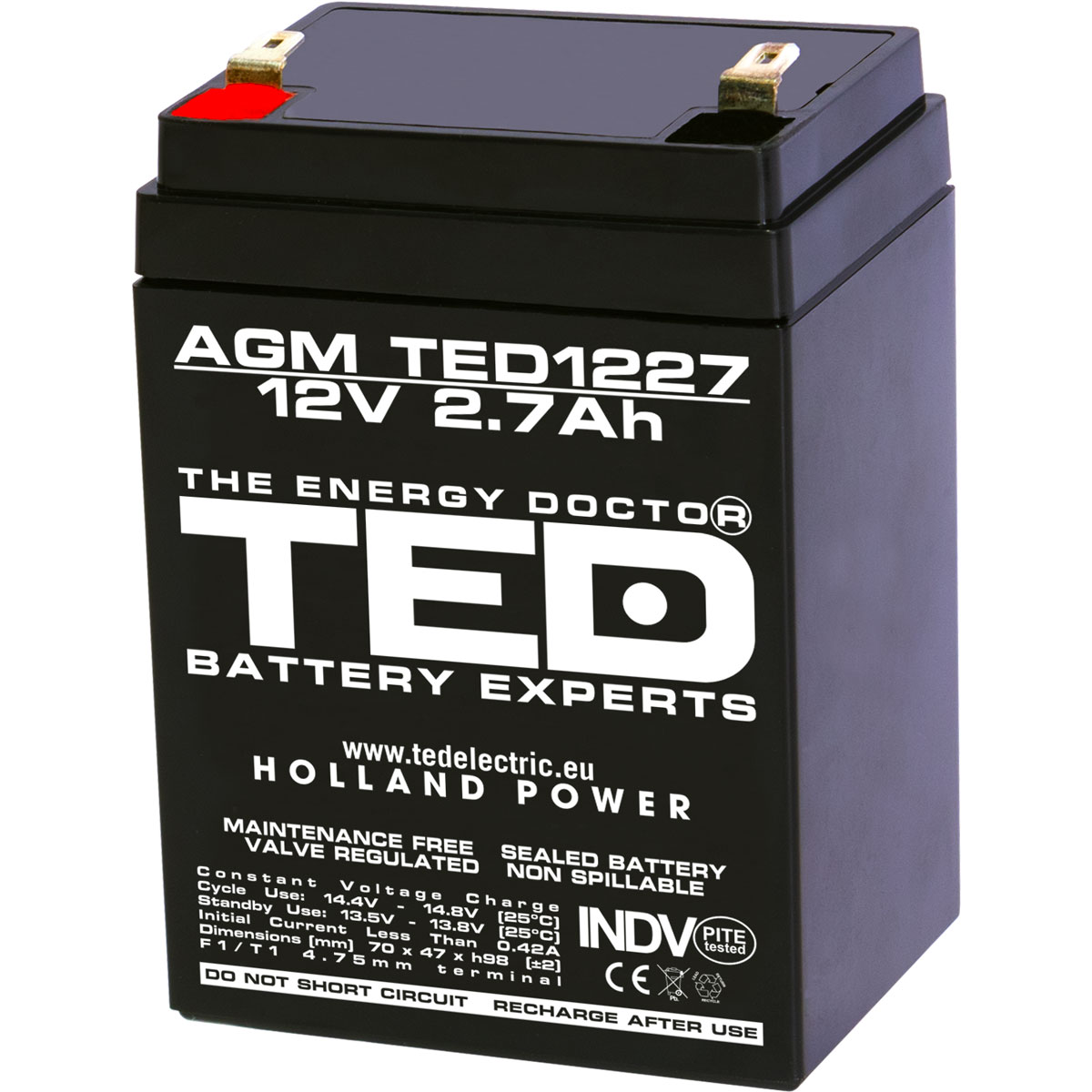 Acumulatori Stationari Etansi - Acumulator 12V Stationar VRLA, Dimensiuni 70 x 47 x 98 mm, Baterie 12V 2.7Ah, TED Electric TED003119, globstar.ro