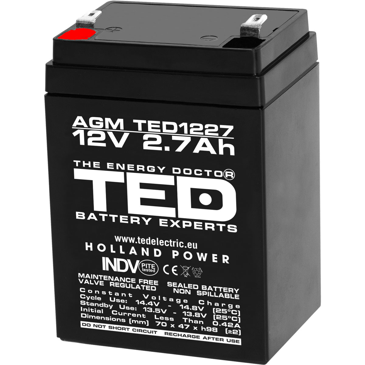 Acumulatori Stationari Etansi - Acumulator 12V Stationar VRLA, Dimensiuni 70 x 47 x 98 mm, Baterie 12V 2.7Ah, TED Electric TED003119, globstar.ro