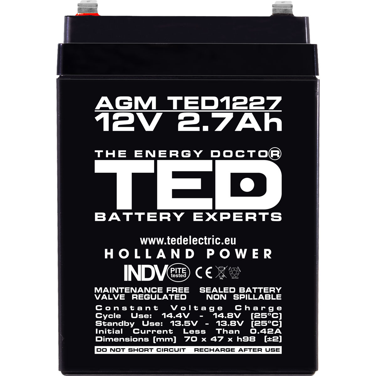 Acumulator 12V Stationar VRLA, Dimensiuni 70 x 47 x 98 mm, Baterie 12V 2.7Ah, TED Electric TED003119