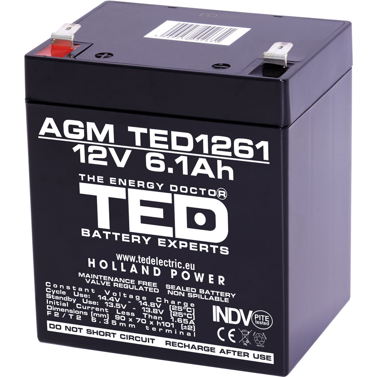 Acumulatori Stationari Etansi - Acumulator 12V Stationar VRLA, Dimensiuni 90 x 70 x 98 mm, Baterie 12V 6.1Ah F2, TED Electric TED003171, globstar.ro