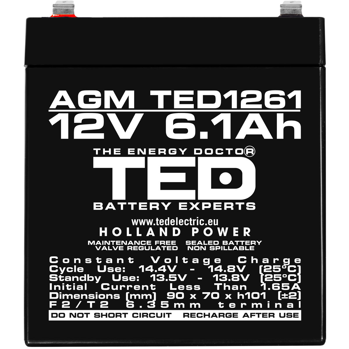 Acumulator 12V Stationar VRLA, Dimensiuni 90 x 70 x 98 mm, Baterie 12V 6.1Ah F2, TED Electric TED003171