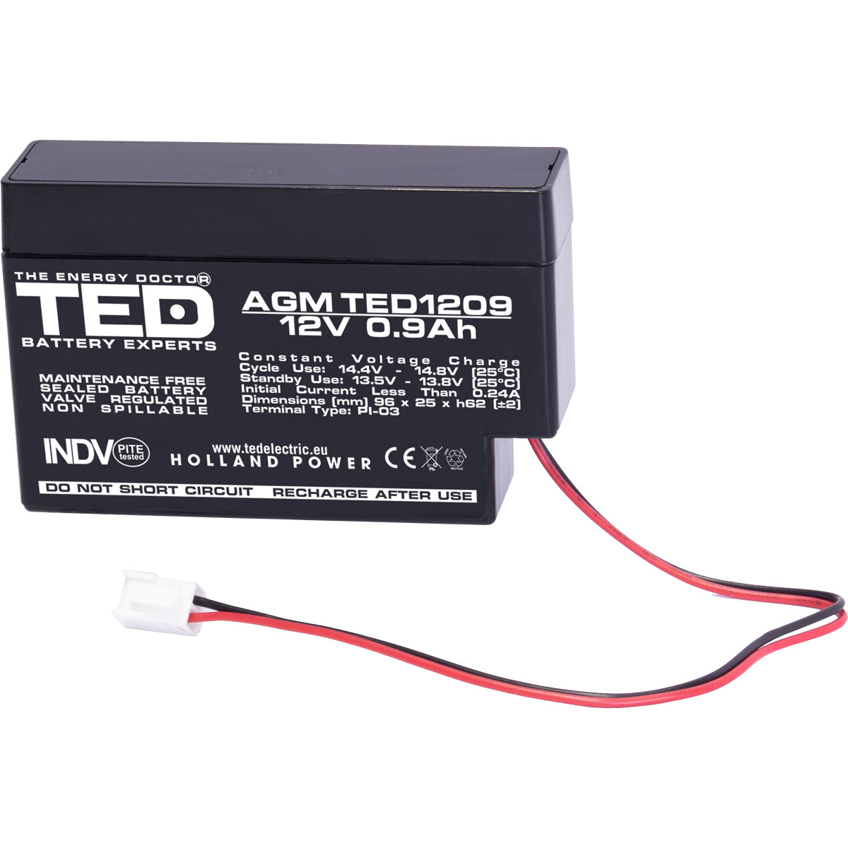 Acumulatori Stationari Etansi - Acumulator 12V Stationar VRLA, Dimensiuni 96 x 25 x 62 mm, Baterie 12V 0.9Ah PI-03, TED Electric TED003058, globstar.ro