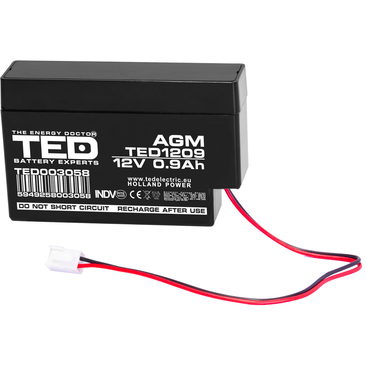 Acumulatori Stationari Etansi - Acumulator 12V Stationar VRLA, Dimensiuni 96 x 25 x 62 mm, Baterie 12V 0.9Ah PI-03, TED Electric TED003058, globstar.ro