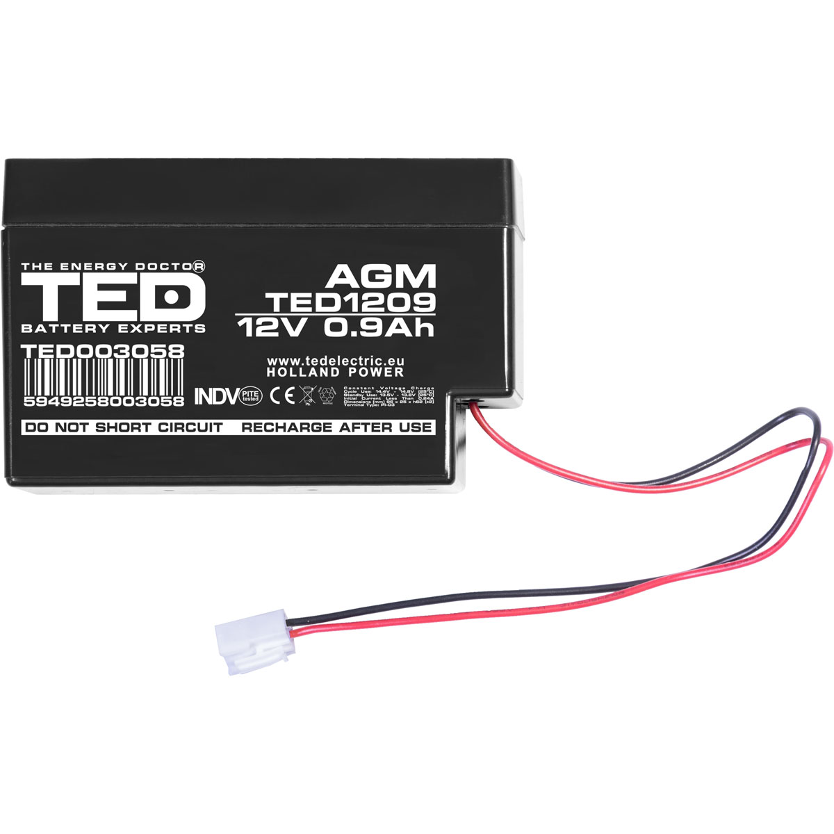 Acumulator 12V Stationar VRLA, Dimensiuni 96 x 25 x 62 mm, Baterie 12V 0.9Ah PI-03, TED Electric TED003058
