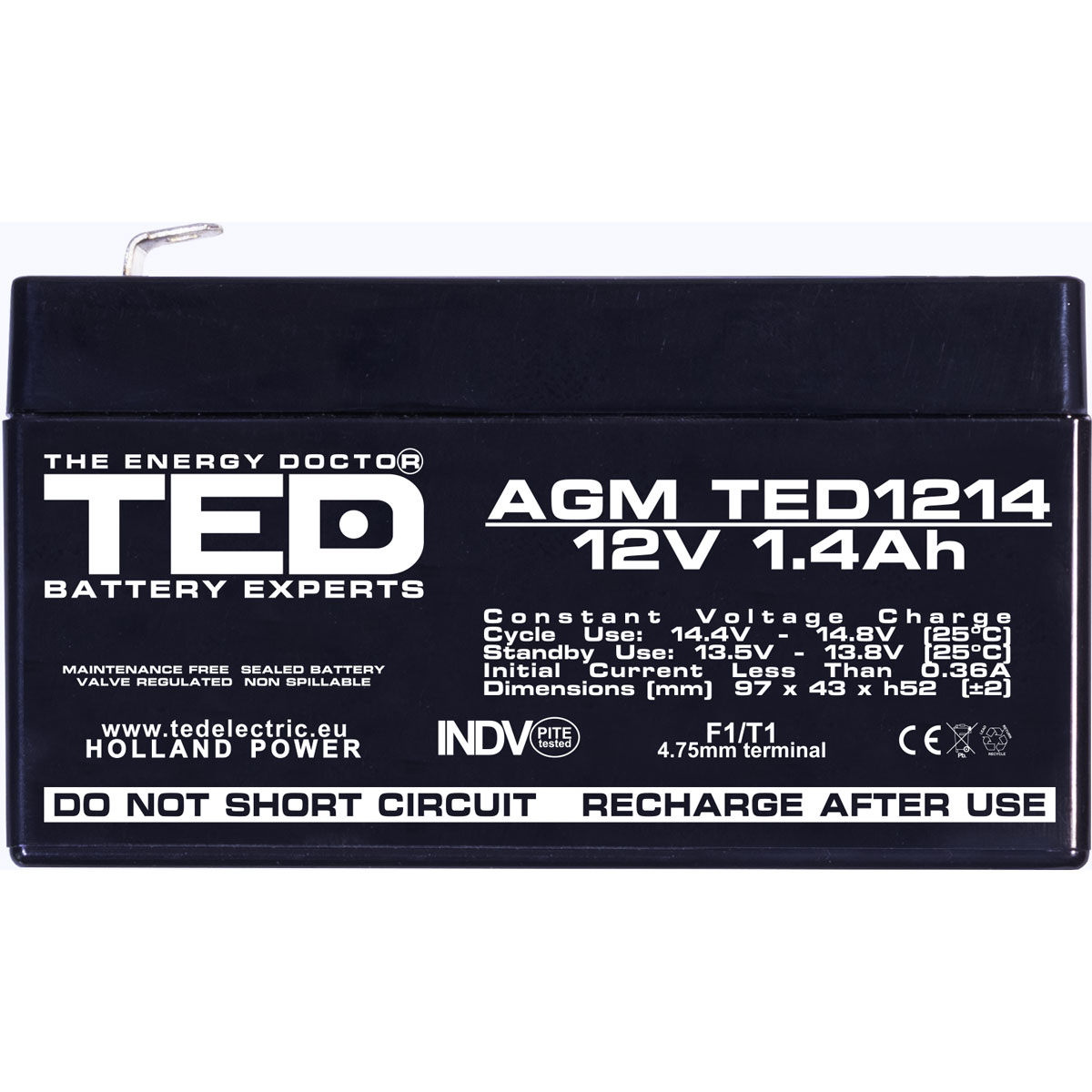 Acumulator 12V Stationar VRLA, Dimensiuni 97 x 47 x 50 mm, Baterie 12V 1.4Ah F1, TED Electric TED002716