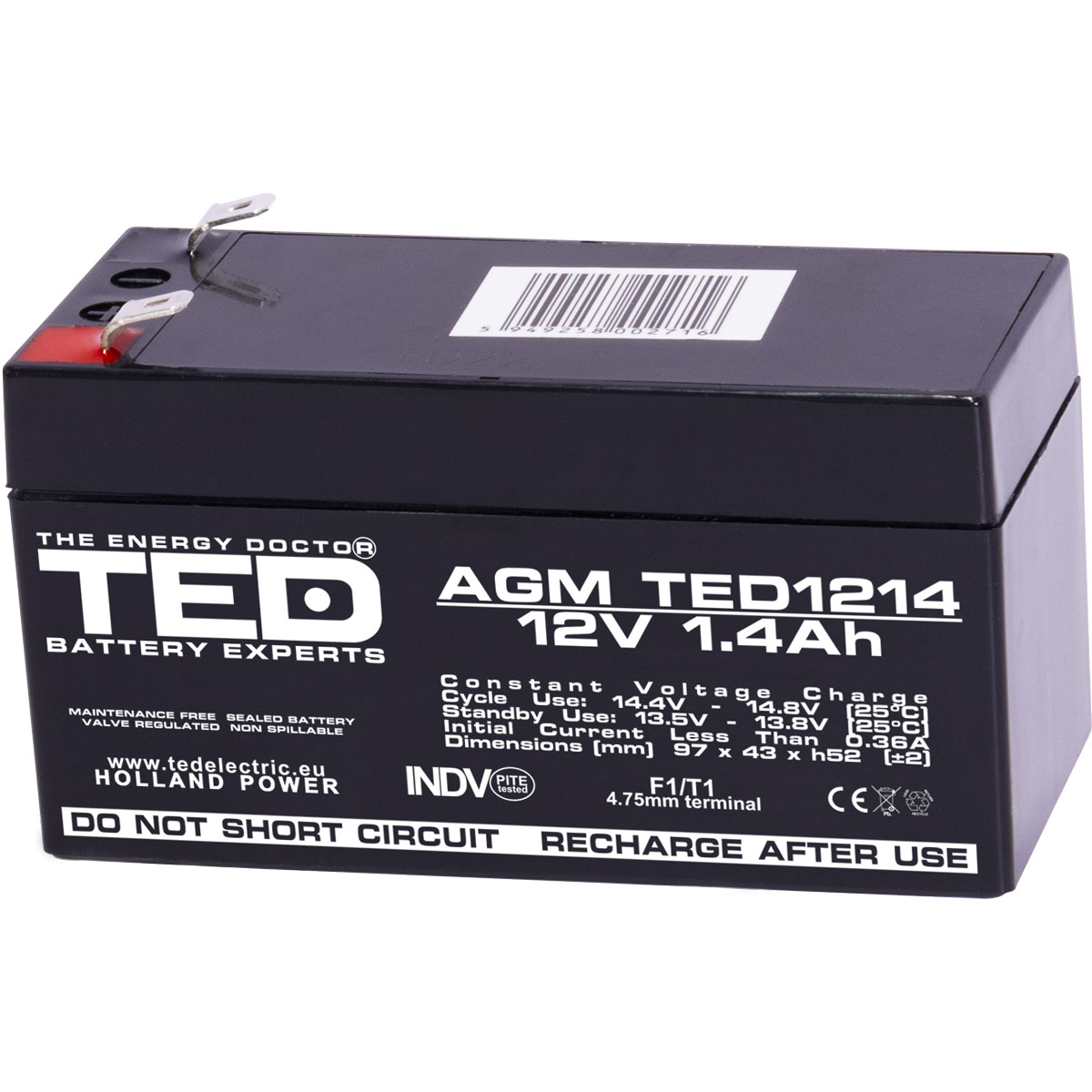Acumulatori Stationari Etansi - Acumulator 12V Stationar VRLA, Dimensiuni 97 x 47 x 50 mm, Baterie 12V 1.4Ah F1, TED Electric TED002716, globstar.ro