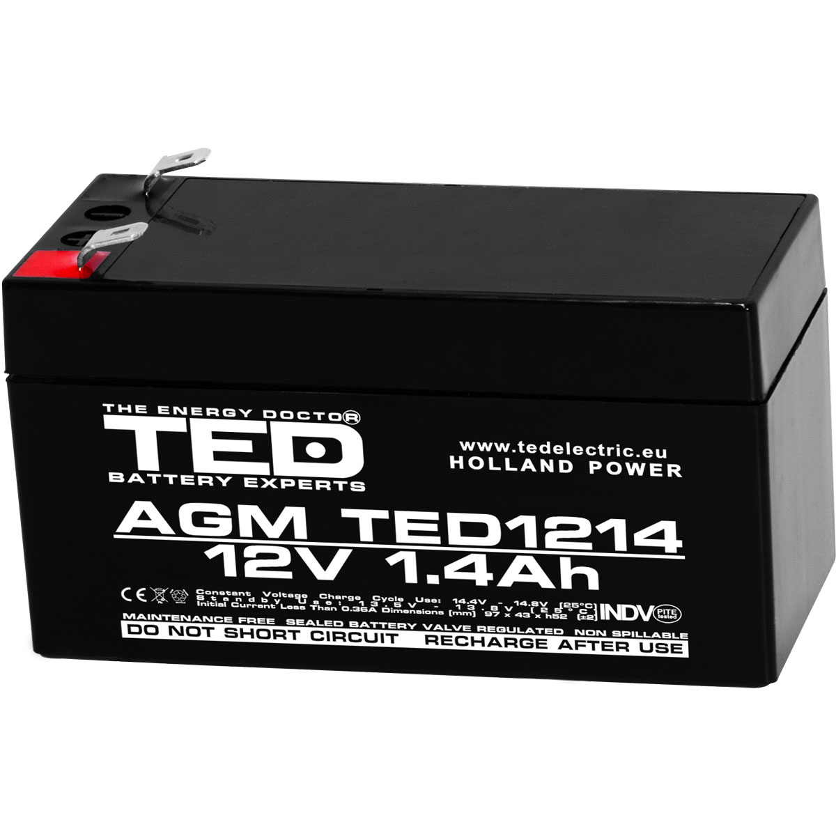 Acumulatori Stationari Etansi - Acumulator 12V Stationar VRLA, Dimensiuni 97 x 47 x 50 mm, Baterie 12V 1.4Ah F1, TED Electric TED002716, globstar.ro
