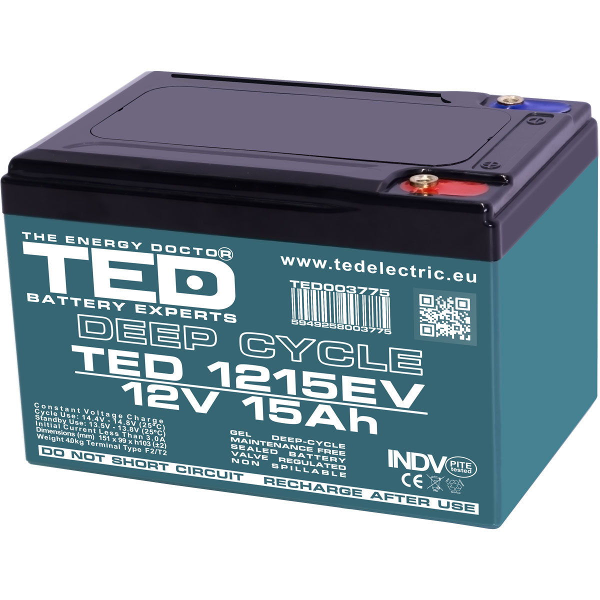 Acumulatori Stationari Etansi - Acumulator 12V Vehicule Electrice, Dimensiuni 151 x 98 x 95 mm, Baterie 12V 15Ah M5, TED Electric TED003775, globstar.ro