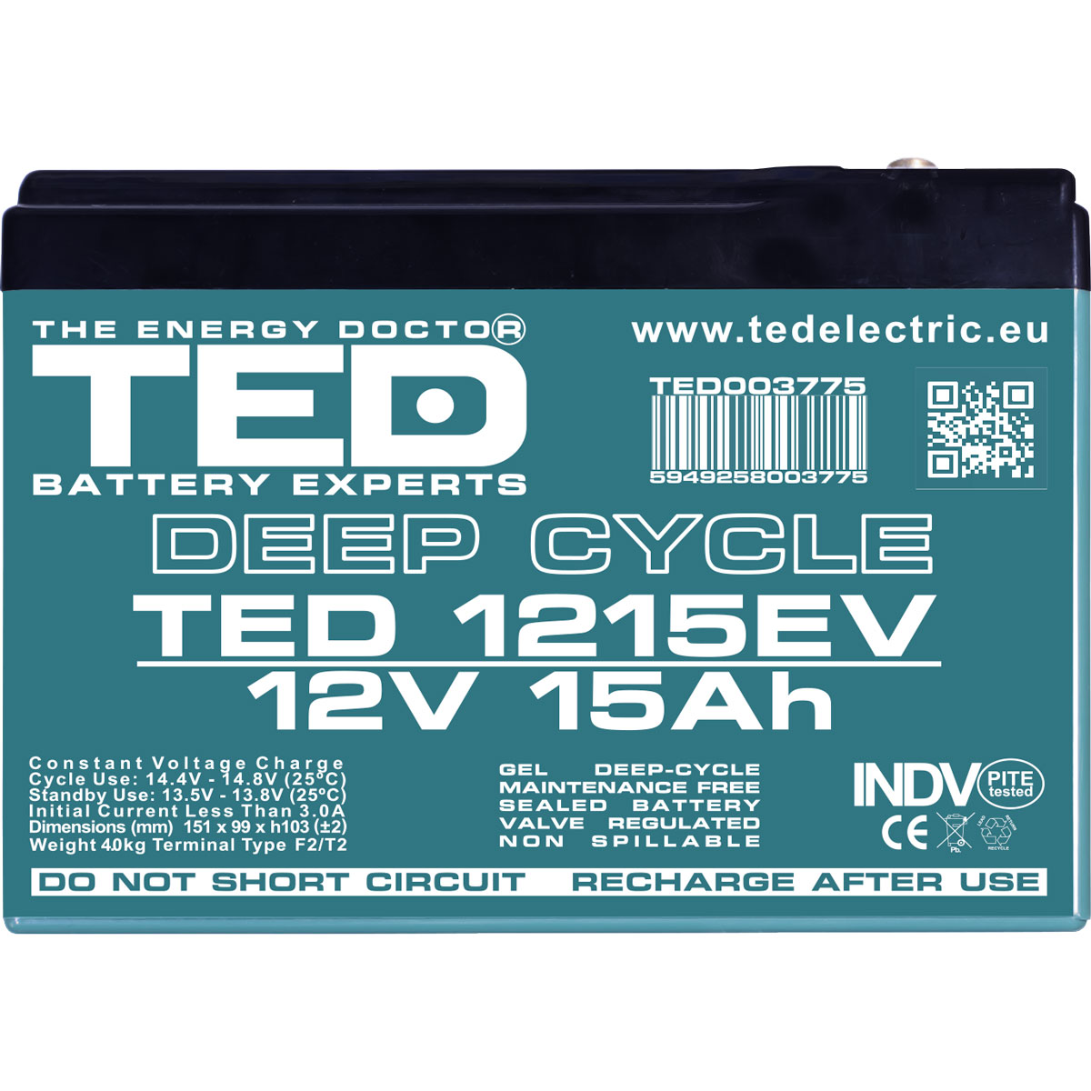 Acumulator 12V Vehicule Electrice, Dimensiuni 151 x 98 x 95 mm, Baterie 12V 15Ah M5, TED Electric TED003775