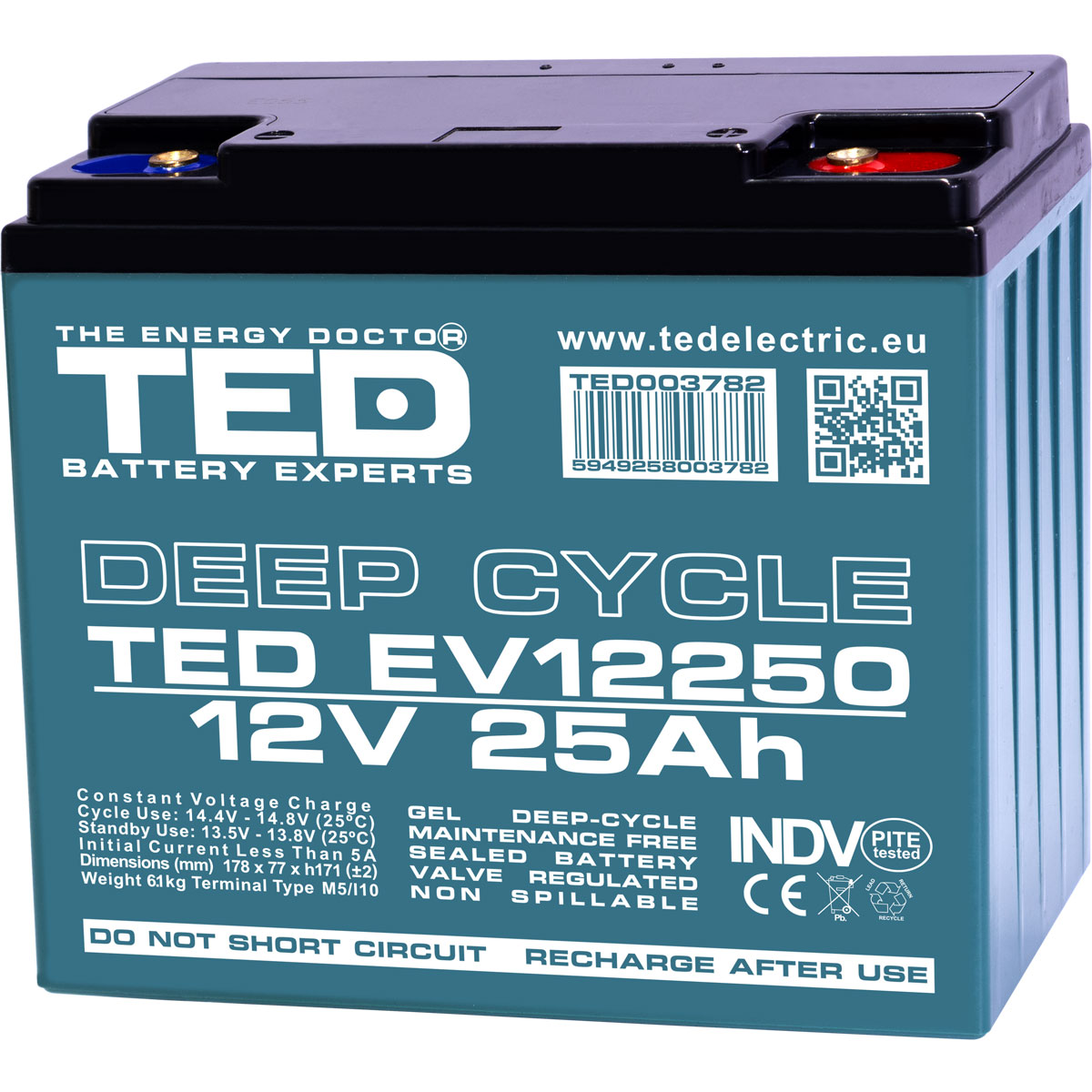 Acumulatori Stationari Etansi - Acumulator 12V Vehicule Electrice, Dimensiuni 181 x 76 x 167 mm, Baterie 12V 25Ah M5, TED Electric TED003782, globstar.ro