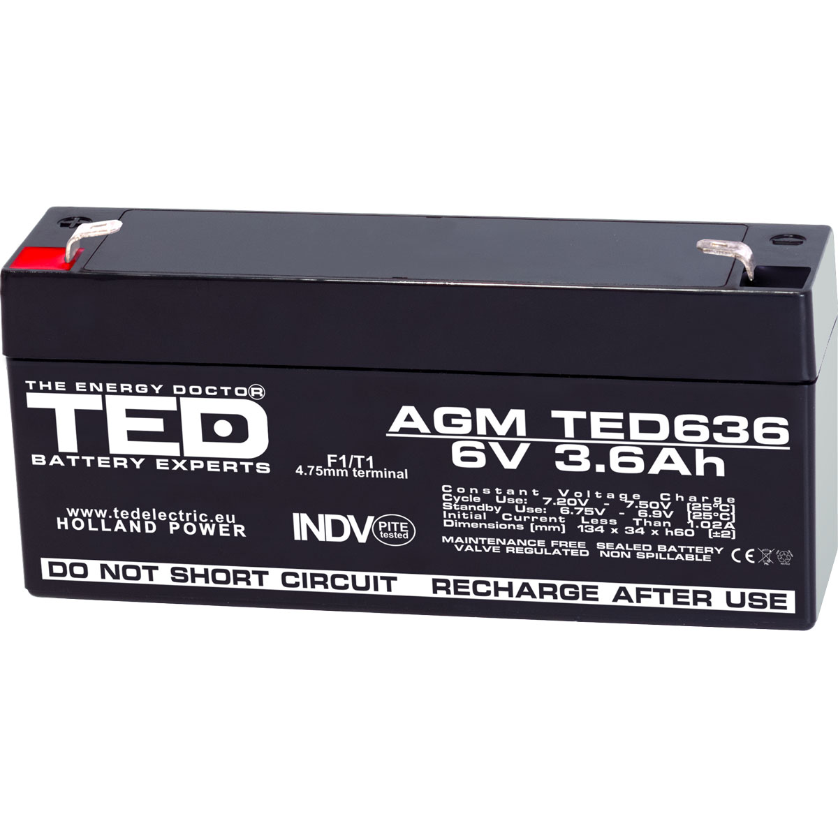 Acumulatori Stationari Etansi - Acumulator 6V Stationar VRLA, Dimensiuni 133 x 34 x 59 mm, Baterie 6V 3.6Ah F1, TED Electric TED002891, globstar.ro