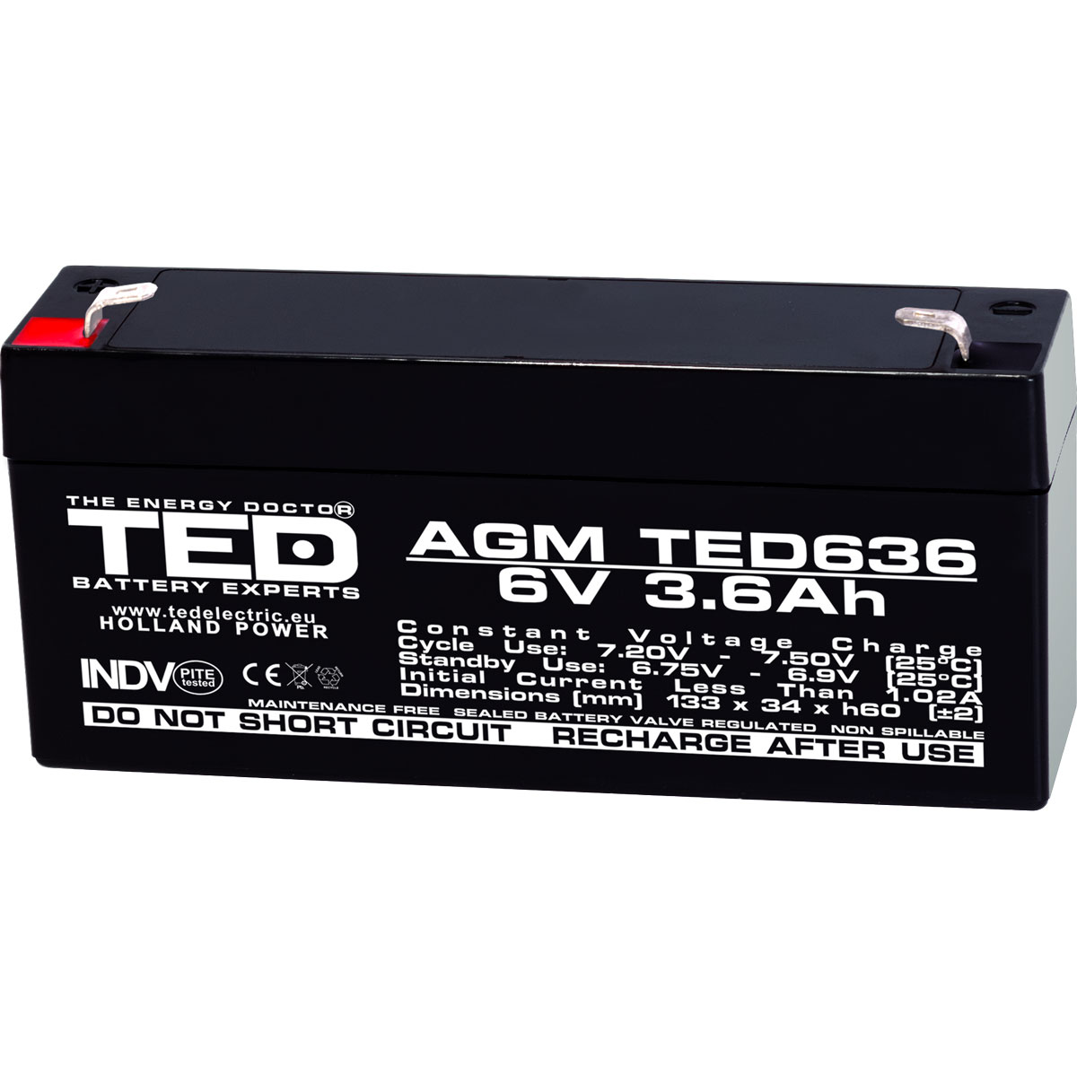 Acumulatori Stationari Etansi - Acumulator 6V Stationar VRLA, Dimensiuni 133 x 34 x 59 mm, Baterie 6V 3.6Ah F1, TED Electric TED002891, globstar.ro