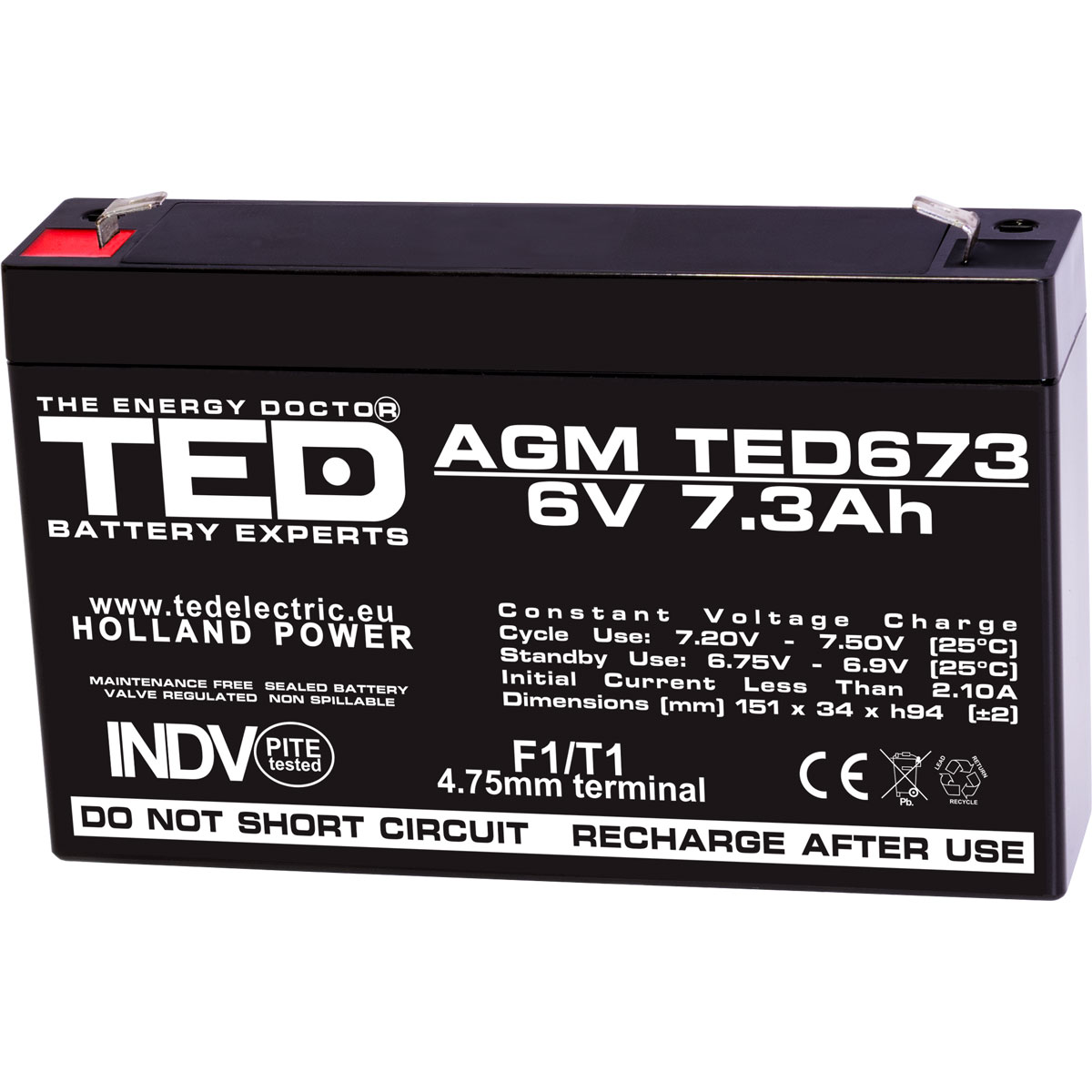 Acumulatori Stationari Etansi - Acumulator 6V Stationar VRLA, Dimensiuni 151 x 34 x 95 mm, Baterie 6V 7.3Ah F1, TED Electric TED002976, globstar.ro