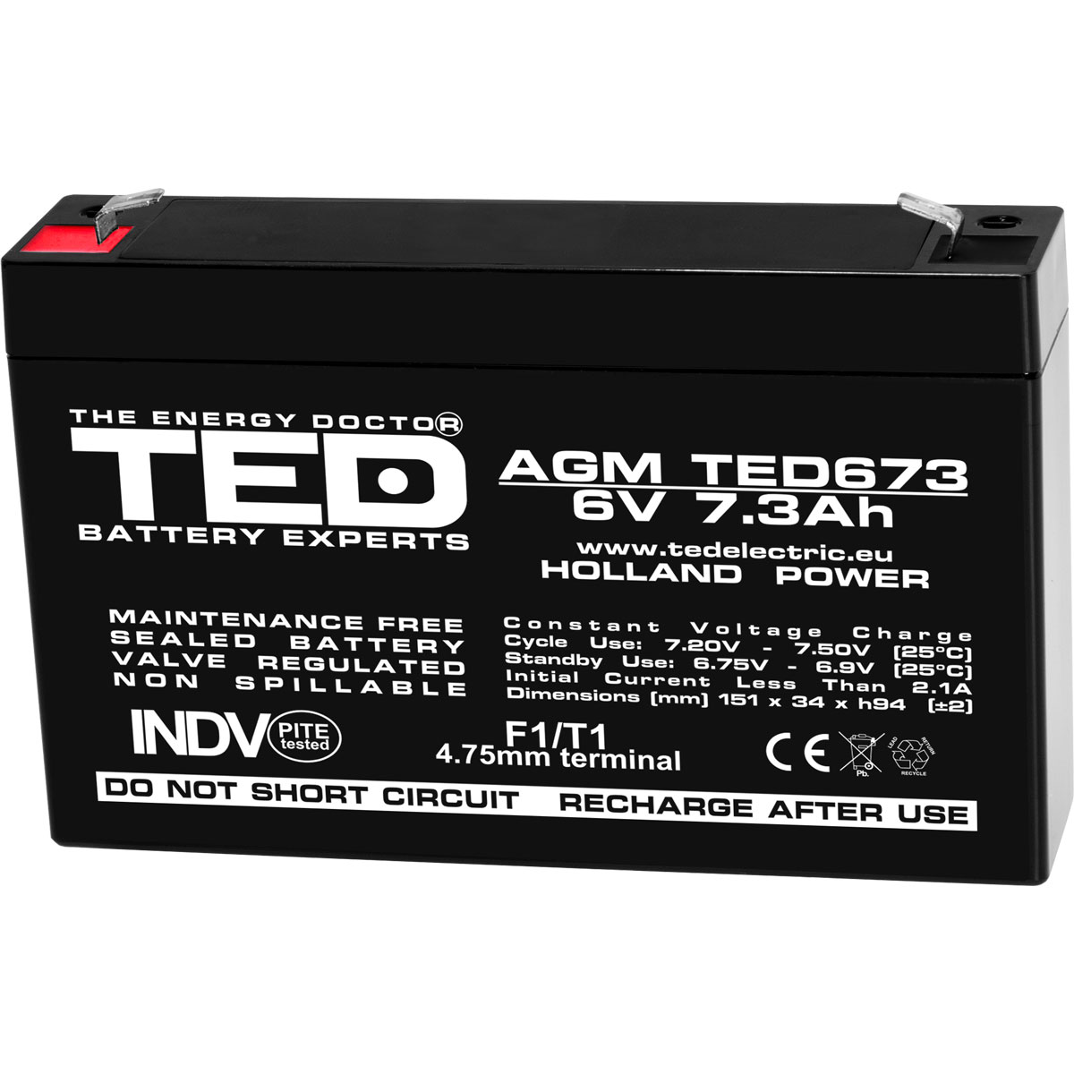 Acumulatori Stationari Etansi - Acumulator 6V Stationar VRLA, Dimensiuni 151 x 34 x 95 mm, Baterie 6V 7.3Ah F1, TED Electric TED002976, globstar.ro