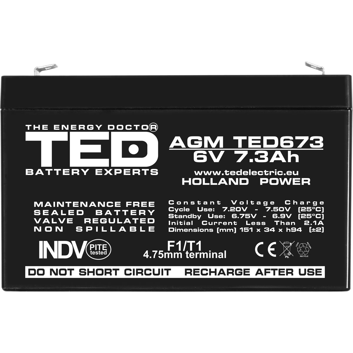 Acumulator 6V Stationar VRLA, Dimensiuni 151 x 34 x 95 mm, Baterie 6V 7.3Ah F1, TED Electric TED002976