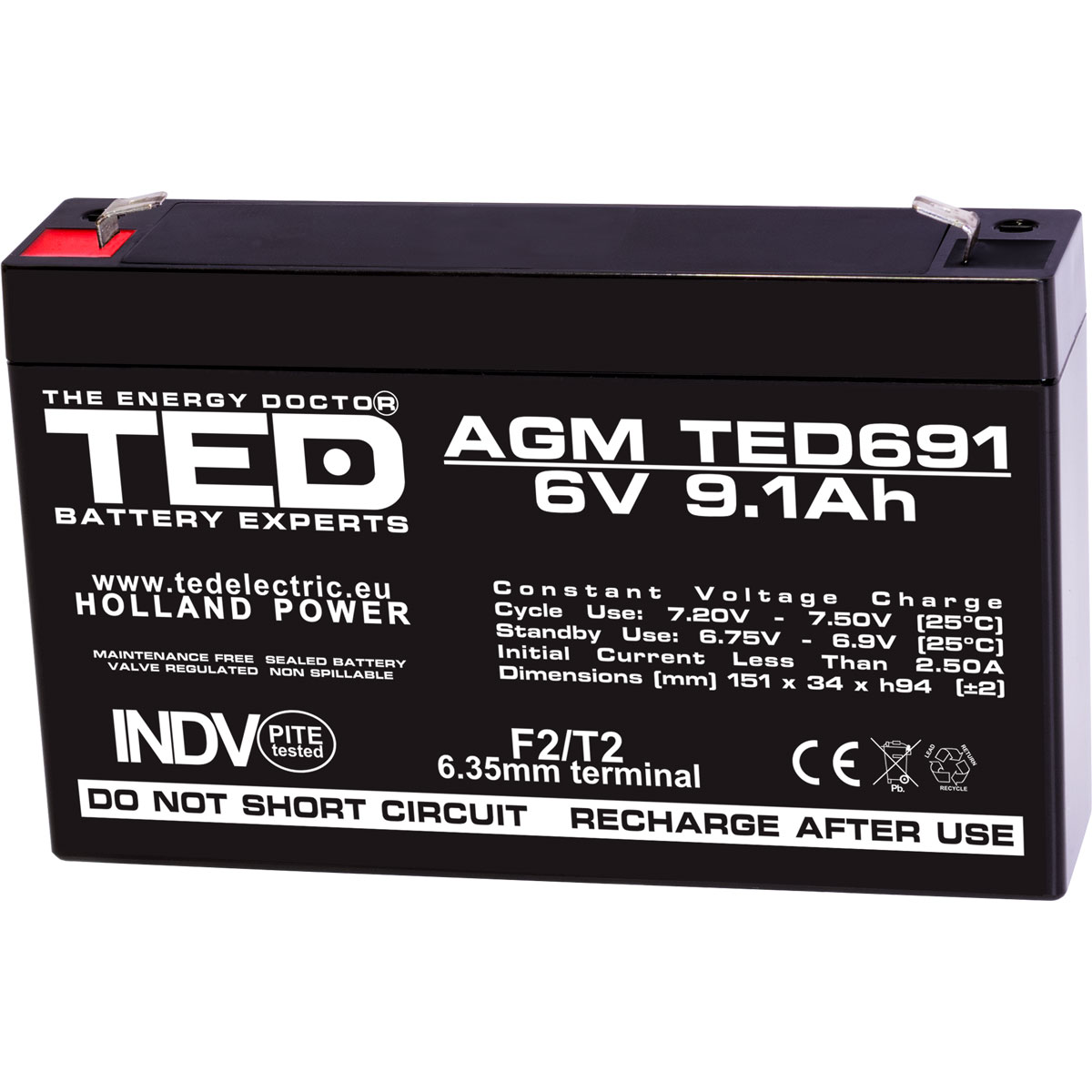 Acumulatori Stationari Etansi - Acumulator 6V Stationar VRLA, Dimensiuni 151 x 34 x 95 mm, Baterie 6V 9.1Ah F2, TED Electric TED002990, globstar.ro