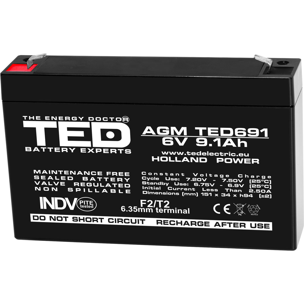 Acumulatori Stationari Etansi - Acumulator 6V Stationar VRLA, Dimensiuni 151 x 34 x 95 mm, Baterie 6V 9.1Ah F2, TED Electric TED002990, globstar.ro