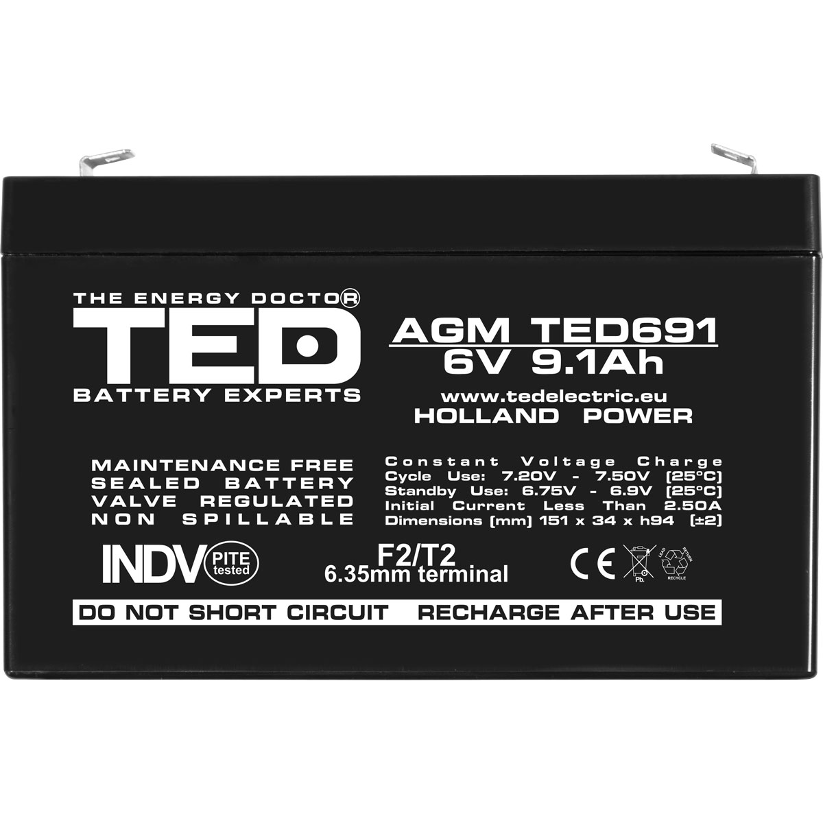 Acumulator 6V Stationar VRLA, Dimensiuni 151 x 34 x 95 mm, Baterie 6V 9.1Ah F2, TED Electric TED002990
