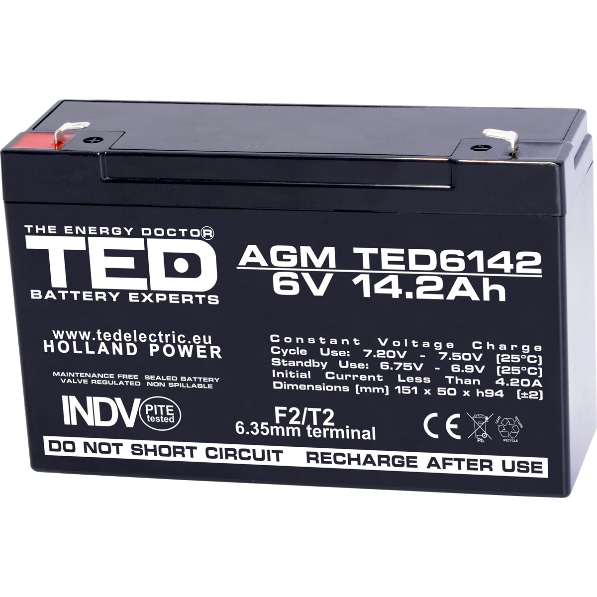 Acumulatori Stationari Etansi - Acumulator 6V Stationar VRLA, Dimensiuni 151 x 50 x 95 mm, Baterie 6V 14.2Ah F2, TED Electric TED003034, globstar.ro
