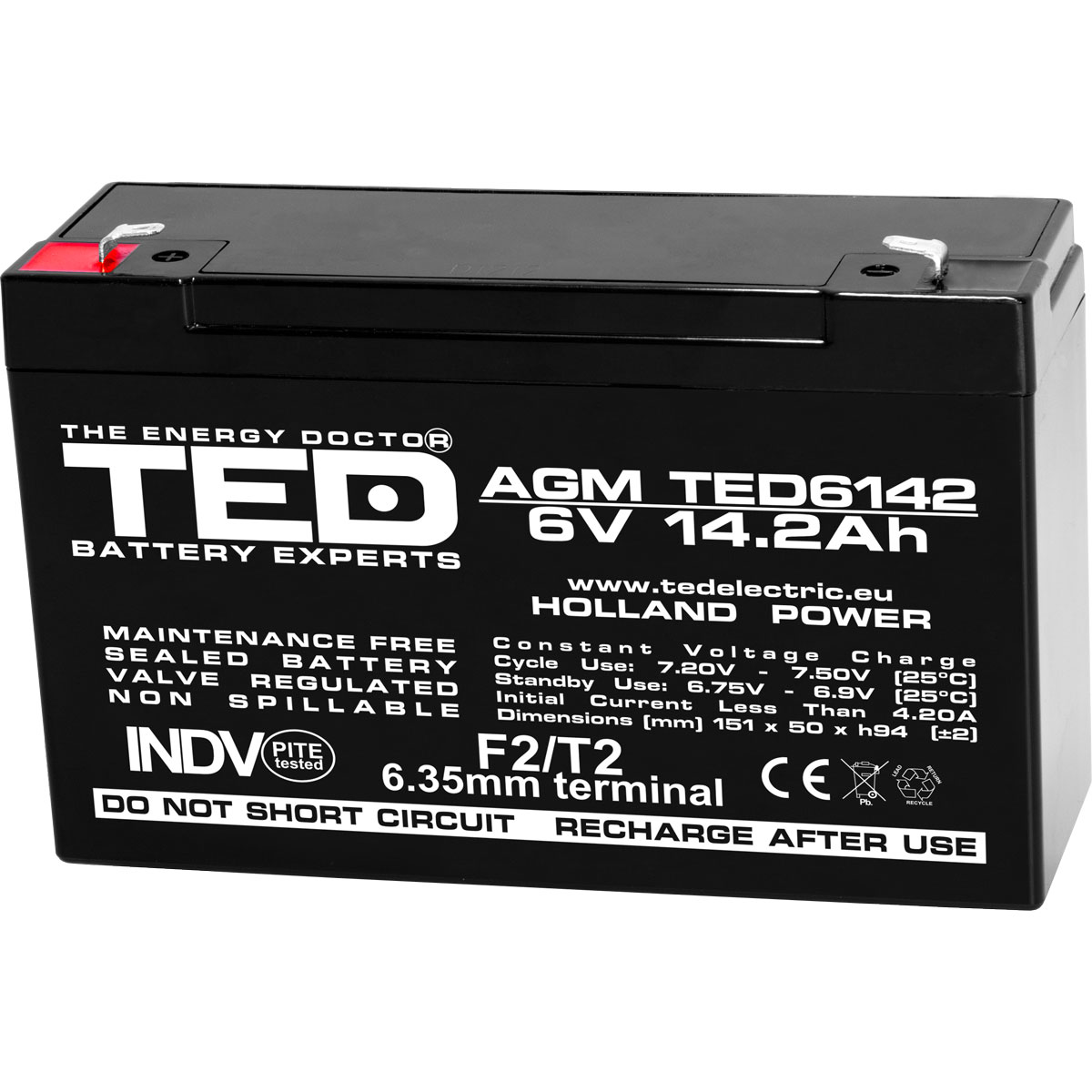 Acumulatori Stationari Etansi - Acumulator 6V Stationar VRLA, Dimensiuni 151 x 50 x 95 mm, Baterie 6V 14.2Ah F2, TED Electric TED003034, globstar.ro