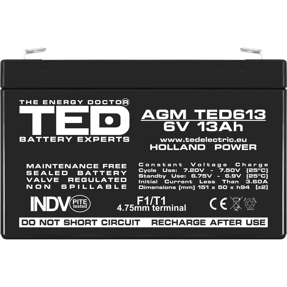 Acumulator 6V Stationar VRLA, Dimensiuni 151 x 50 x 95 mm, Baterie 6V 13Ah F1, TED Electric TED003010