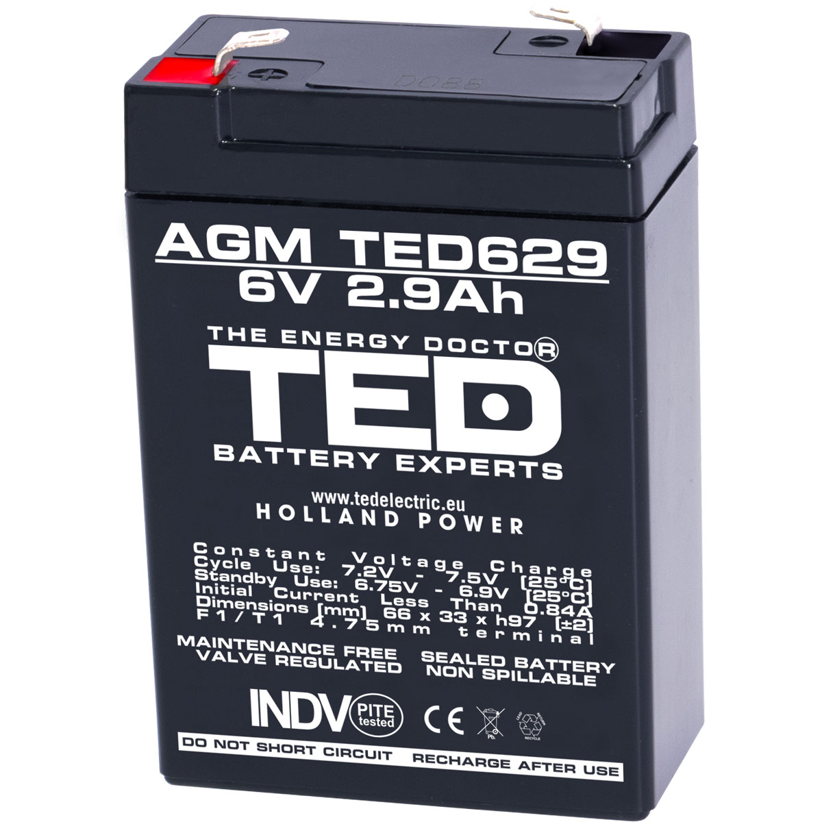 Acumulatori Stationari Etansi - Acumulator 6V Stationar VRLA, Dimensiuni 65 x 33 x 99 mm, Baterie 6V 2.9Ah, TED Electric TED002877, globstar.ro