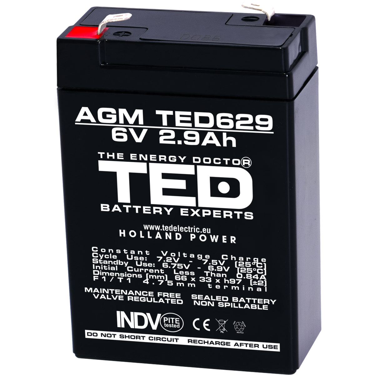Acumulatori Stationari Etansi - Acumulator 6V Stationar VRLA, Dimensiuni 65 x 33 x 99 mm, Baterie 6V 2.9Ah, TED Electric TED002877, globstar.ro