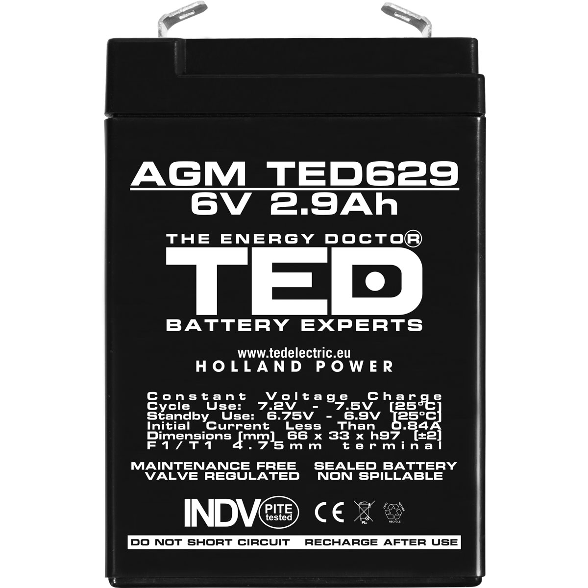 Acumulator 6V Stationar VRLA, Dimensiuni 65 x 33 x 99 mm, Baterie 6V 2.9Ah, TED Electric TED002877