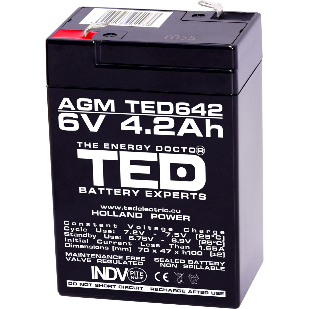 Acumulatori Stationari Etansi - Acumulator 6V Stationar VRLA, Dimensiuni 70 x 48 x 101 mm, Baterie 6V 4.2Ah, TED Electric TED002914, globstar.ro