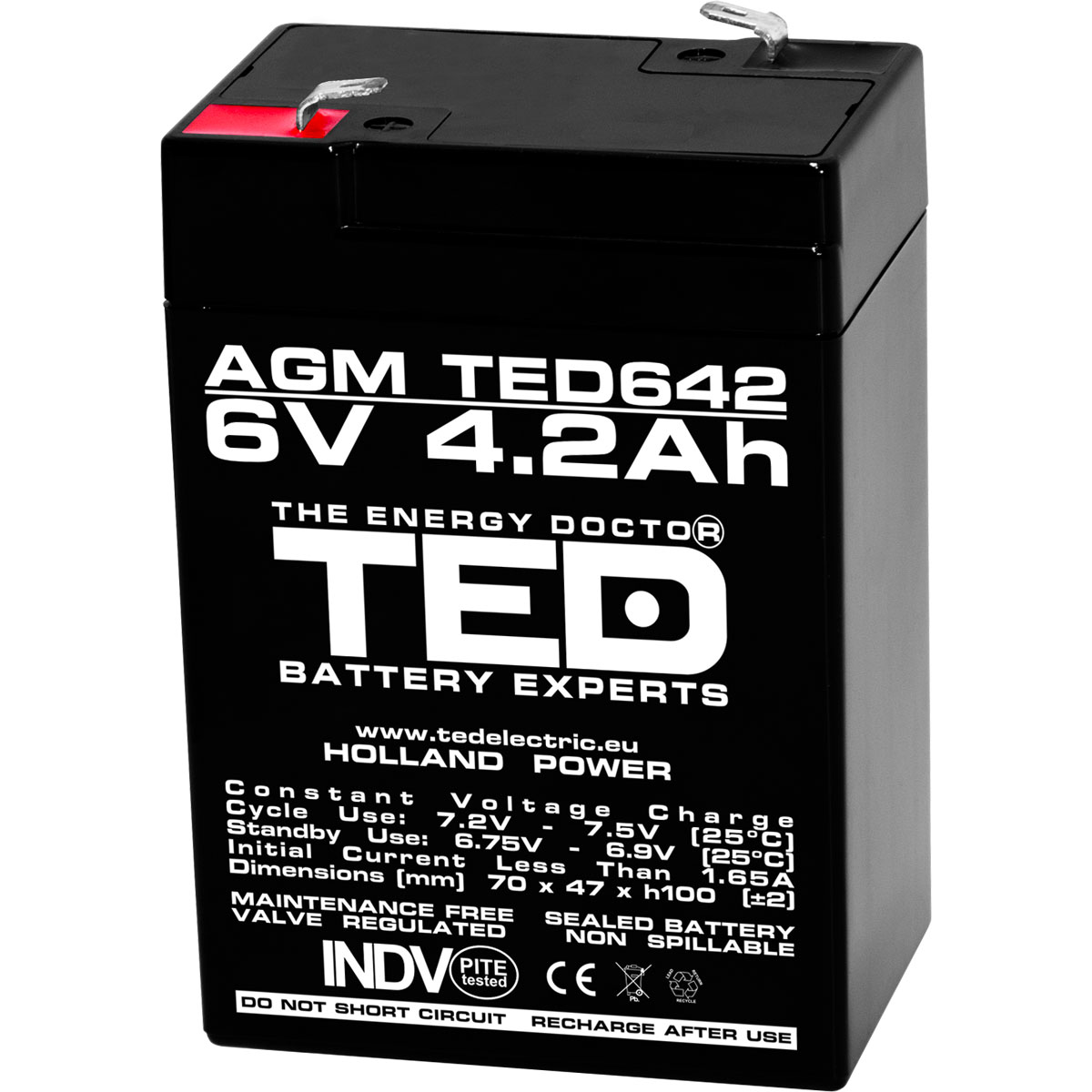 Acumulatori Stationari Etansi - Acumulator 6V Stationar VRLA, Dimensiuni 70 x 48 x 101 mm, Baterie 6V 4.2Ah, TED Electric TED002914, globstar.ro