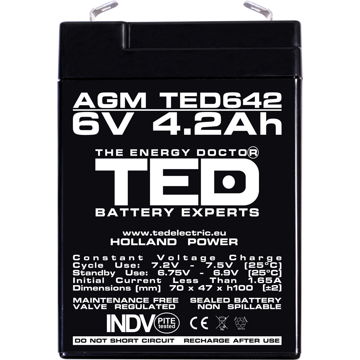 Acumulator 6V Stationar VRLA, Dimensiuni 70 x 48 x 101 mm, Baterie 6V 4.2Ah, TED Electric TED002914