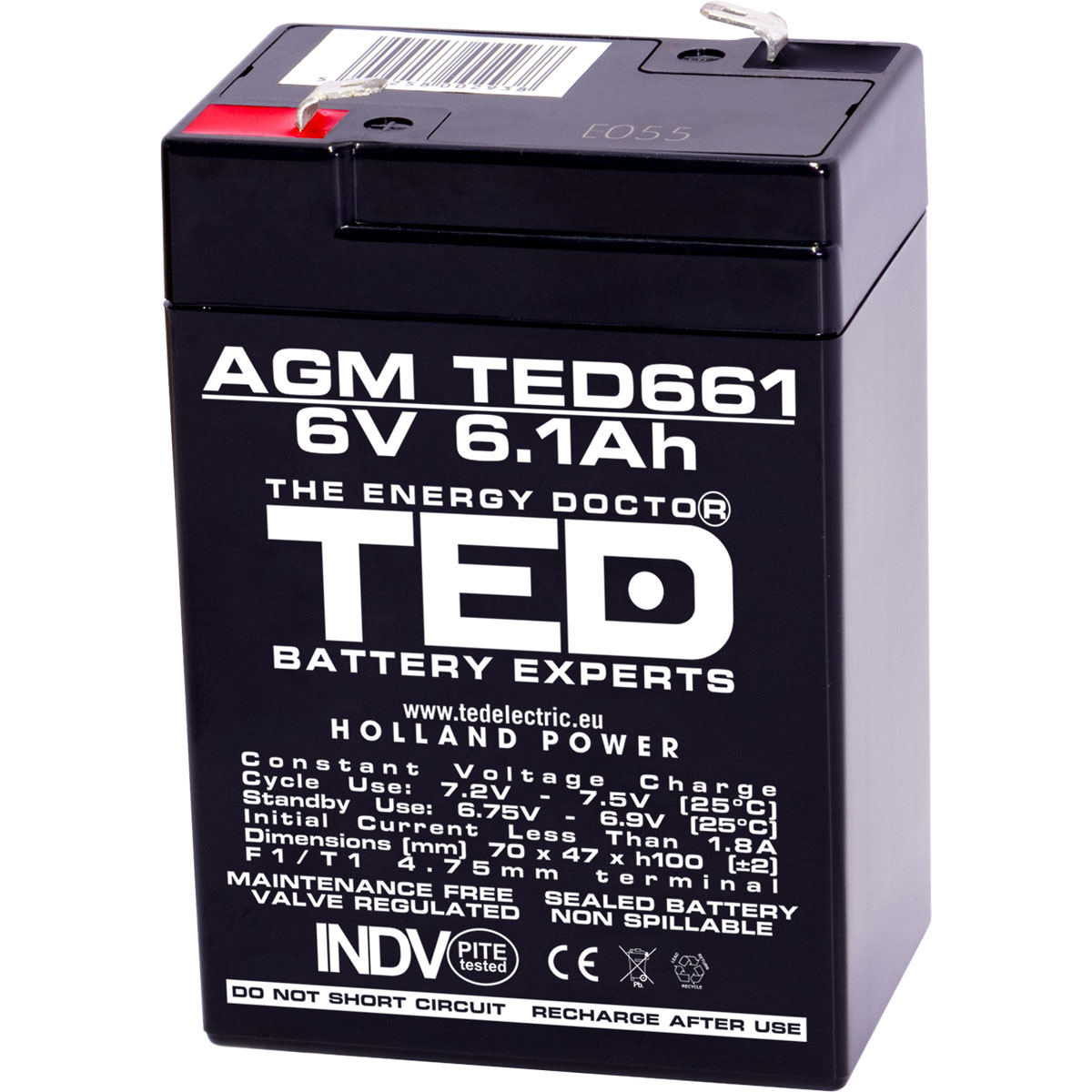 Acumulatori Stationari Etansi - Acumulator 6V Stationar VRLA, Dimensiuni 70 x 48 x 101 mm, Baterie 6V 6.1Ah, TED Electric TED002938, globstar.ro