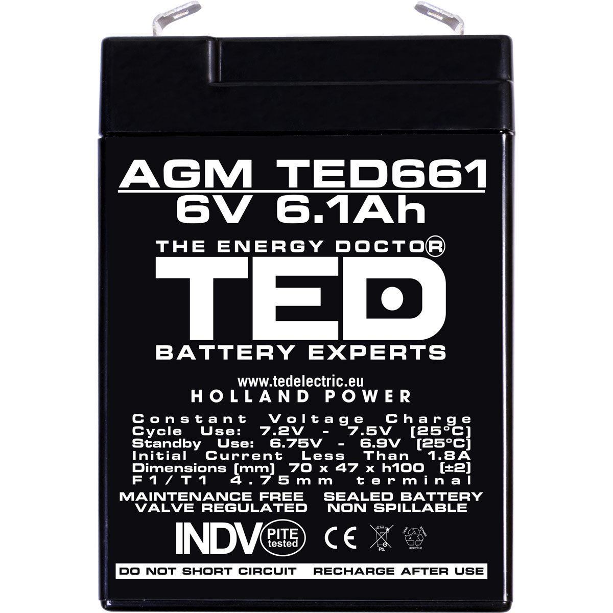 Acumulator 6V Stationar VRLA, Dimensiuni 70 x 48 x 101 mm, Baterie 6V 6.1Ah, TED Electric TED002938