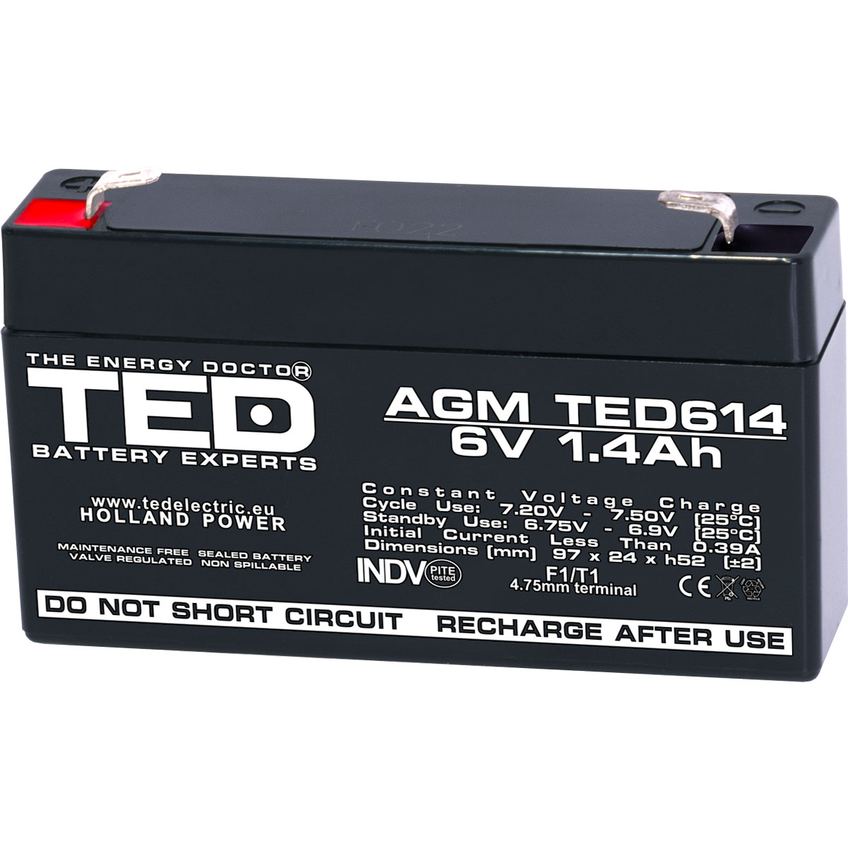 Acumulatori Stationari Etansi - Acumulator 6V Stationar VRLA, Dimensiuni 97 x 24 x 52 mm, Baterie 6V 1.4Ah F1, TED Electric TED002839, globstar.ro