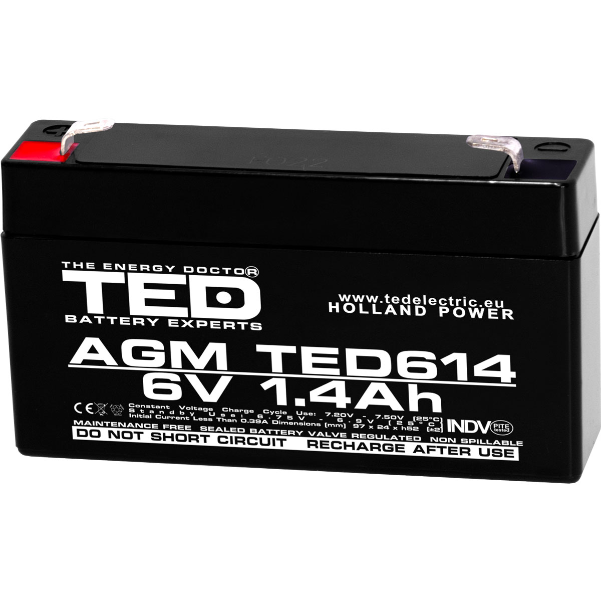 Acumulatori Stationari Etansi - Acumulator 6V Stationar VRLA, Dimensiuni 97 x 24 x 52 mm, Baterie 6V 1.4Ah F1, TED Electric TED002839, globstar.ro