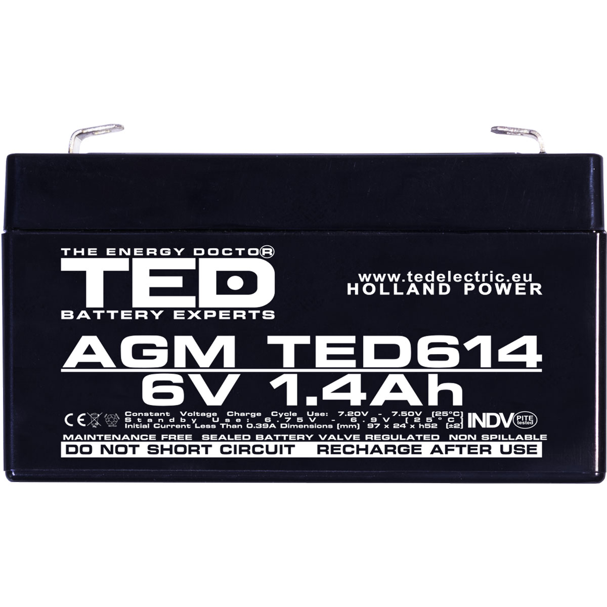 Acumulator 6V Stationar VRLA, Dimensiuni 97 x 24 x 52 mm, Baterie 6V 1.4Ah F1, TED Electric TED002839
