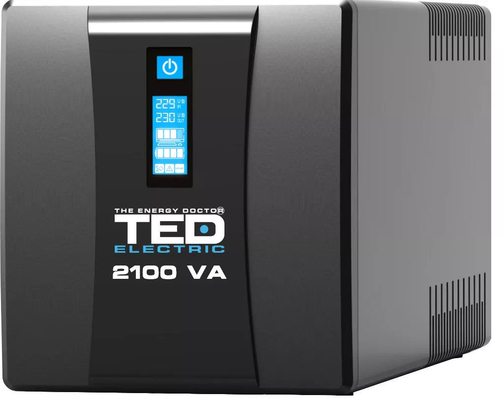 Sursa Neintreruptibila - UPS RESIGILAT 2100VA 1200W cu Stabilizator si Management, 2x Schuko, Ecran LCD si 2x Acumulator 12V 9Ah, TED Electric, globstar.ro