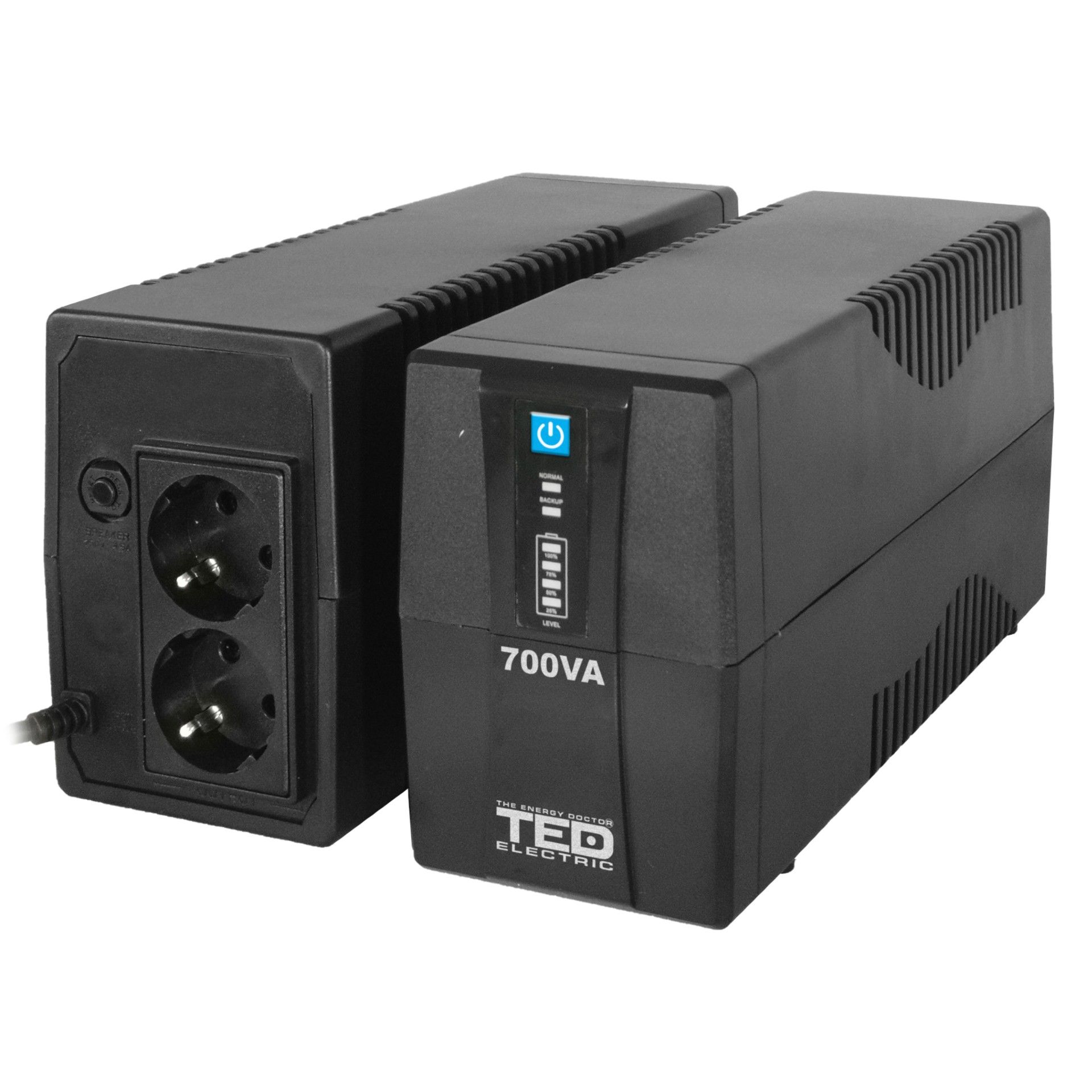 UPS RESIGILAT 700VA 400W cu Stabilizator fara Management, 2x Schuko, Ecran LED si Acumulator 12V 7Ah, TED Electric