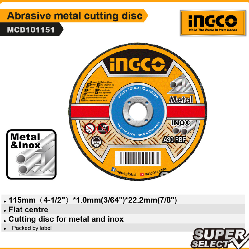 Disc debitare metal si inox INGCO 115 x 1 mm SET 100 buc