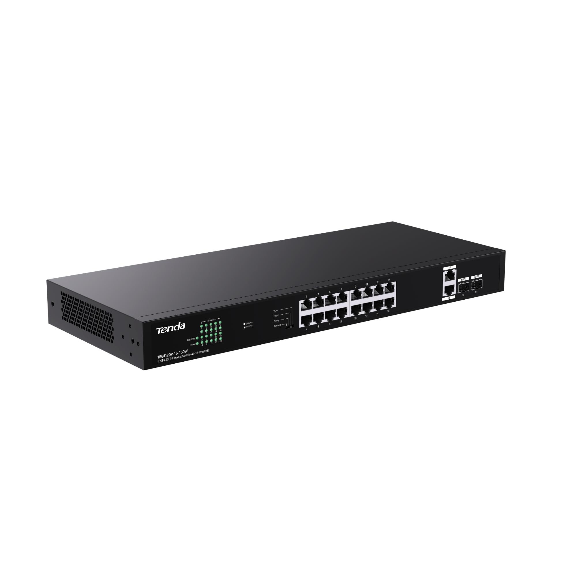 Switch PoE+ fara management, 20 de porturi Gigabit (16x RJ45 PoE+, 2x RJ45, 2x SFP) G1120P-16-150W, [3],https:high-security.ro