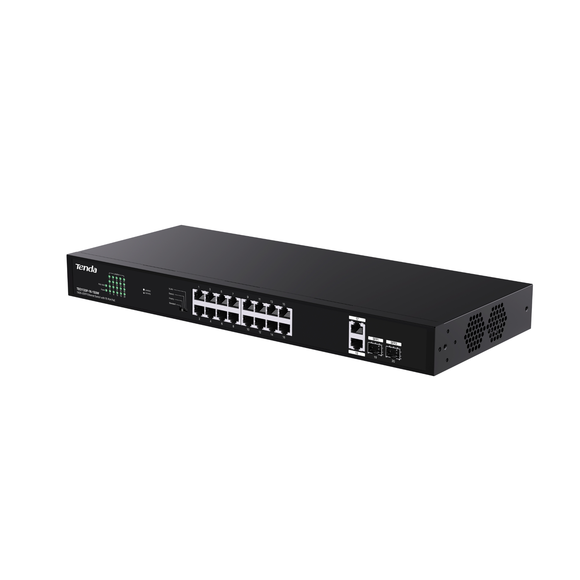 Switch PoE+ fara management, 20 de porturi Gigabit (16x RJ45 PoE+, 2x RJ45, 2x SFP) G1120P-16-150W, [4],https:high-security.ro